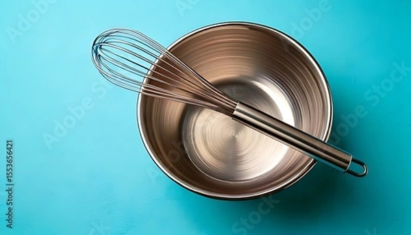 Fototapeta Metal Whisk Resting In Bowl on Cyan Background Ready For Culinary Task