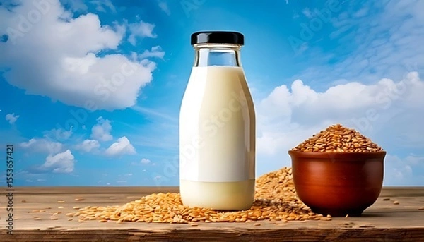 Fototapeta Milk Bottle With Blank Label Near Cereal Grains And Ceramic Cup With Blue Sky Background