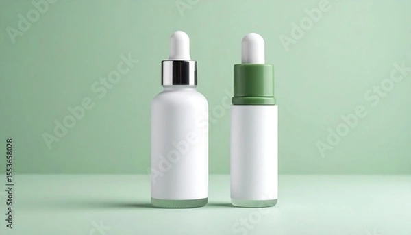 Fototapeta Minimalist Aromatherapy Roll-on Bottles Frosted Glass with Blank Labels on Green Surface