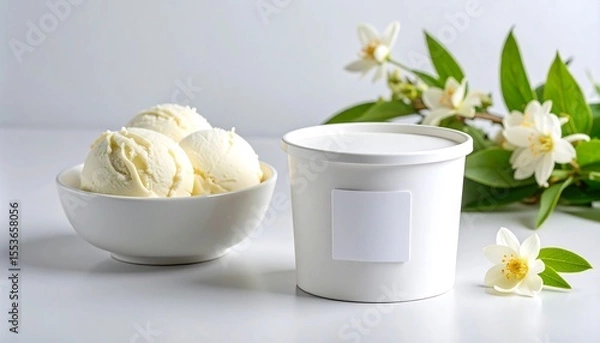 Fototapeta Minimalist Arrangement Of Ice Cream With A White Tub Mockup And Floral Elements