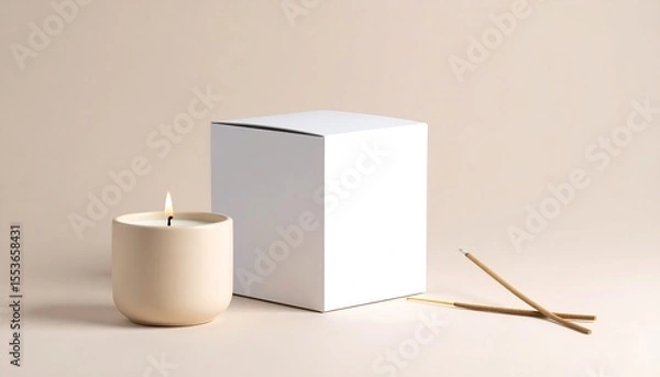 Fototapeta Minimalist Candle And Incense Mockup With Blank Box On Beige Background