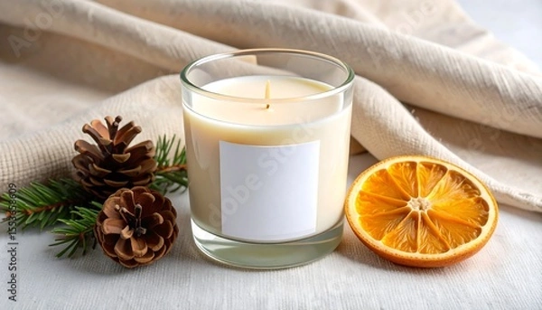 Fototapeta Minimalist Candle Mockup With Blank Label Pine Cone and Dried Orange Slice