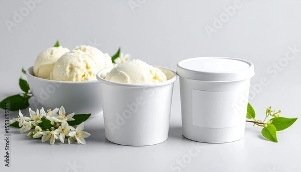 Fototapeta Minimalist Ice Cream Mockup With Blank Tub Beside Dessert Scoops And Flowers On Gray