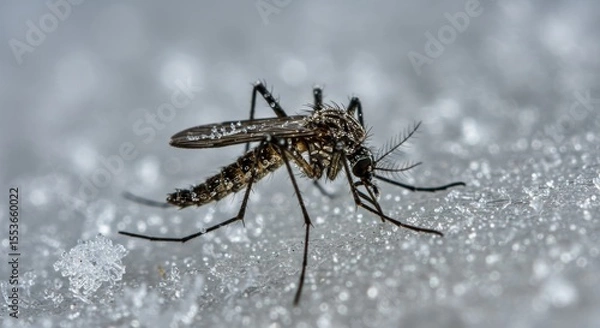 Obraz Extreme macro photo of a mosquito resting on a frozen surface.