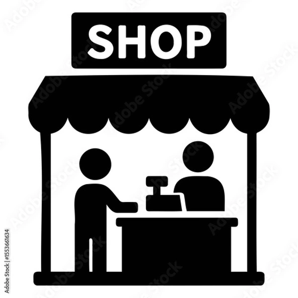 Fototapeta Illustration of a shop with a customer and shopkeeper in black and white silhouette style on transparent background