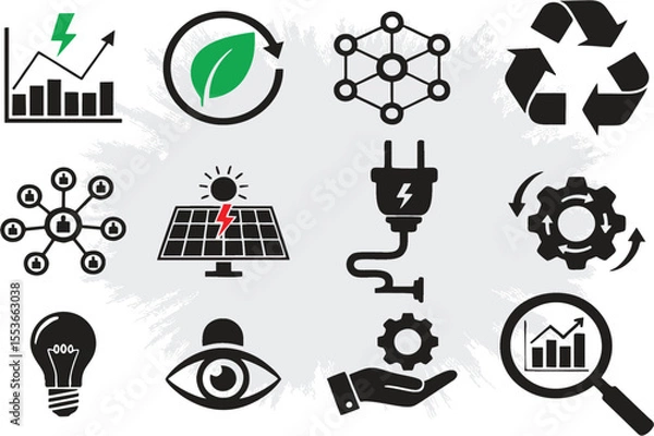 Fototapeta Editable Icons set for energy sector, media and news channels. Graph, power generation, recycling, solar power and green energy. EPS 10