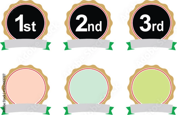Fototapeta Position 1st, 2nd, third award labels stock illustration. Winner badge guarantee winning prize ribbon. Medals, awards, ribbons for first, second, third place with round edges. Vector, EPS 10