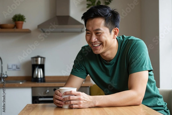 Fototapeta Happy smiling asian man in a casual green t-shirt relaxing at home, sitting at his kitchen table and enjoying a morning coffee or tea from a mug with a cheerful expression