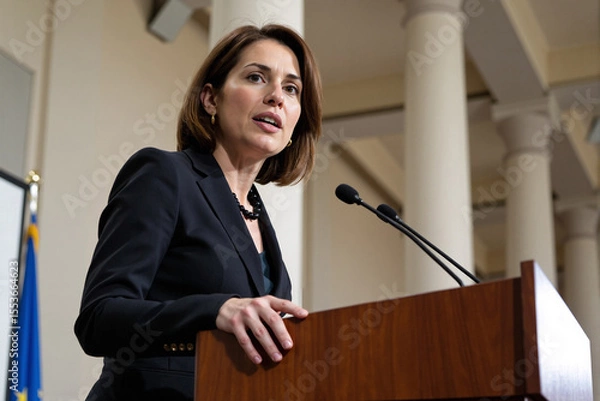 Fototapeta Powerful female politician, lawyer, or professor in a black blazer speaking with conviction at a podium in front of large columns in a government or university building