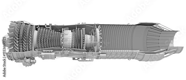 Fototapeta Cutaway Turbofan Aircraft Engine Sectioned in Clay Style Render on White Background 3D Rendering