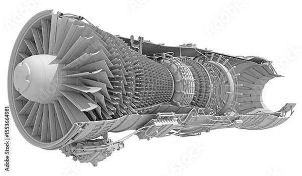 Fototapeta Cutaway Turbofan Aircraft Engine Sectioned in Clay Style Render on White Background 3D Rendering