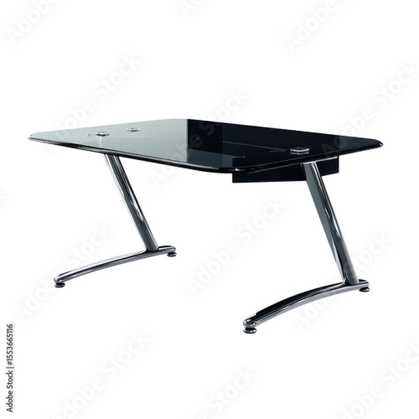 Fototapeta Elegant glass L-shape office desk with curved corner and chrome legs, premium executive style on transparent background