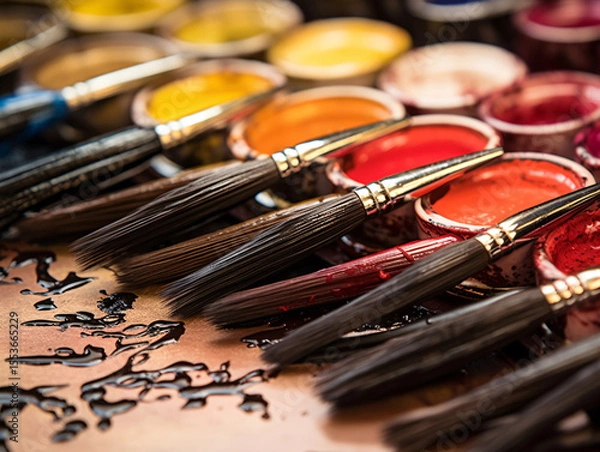 Obraz Detail of a sorted color spectrum set of Chinese calligraphy inks and calligraphy brushes.