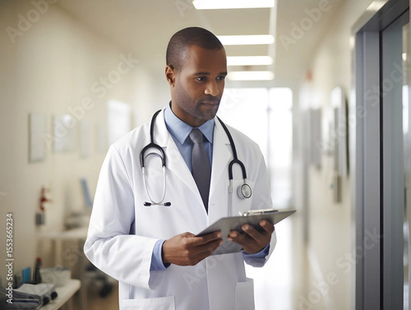 Obraz A doctor in a hospital corridor reads a medical report and is thoughtful. and caring.