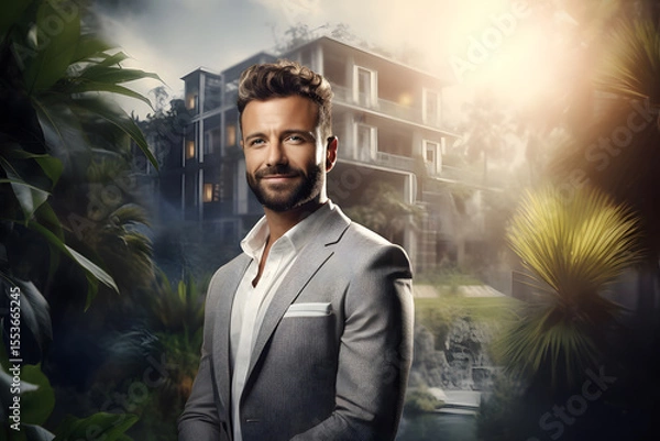 Obraz Smiling real estate agent showing new house in city.