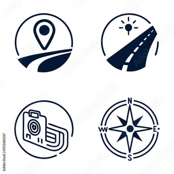 Fototapeta Location, Road & Audio Icon Set for Sports and Travel – Minimal Vector Collection

