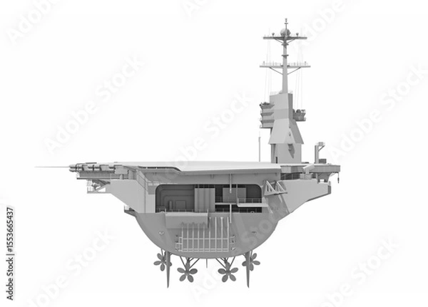 Fototapeta Aircraft Carrier Military Vessel in Clay Style Render on White Background 3D Rendering