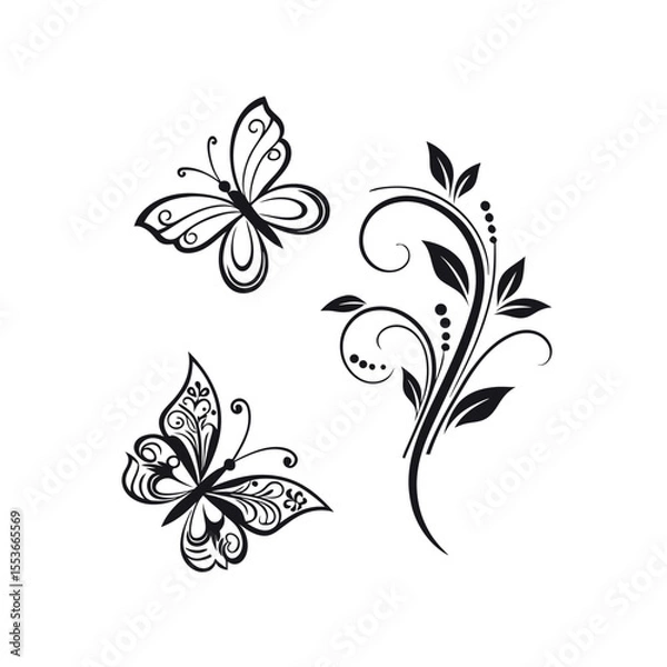 Fototapeta Minimal Black Ornamental Designs for Tattoos and Logo Elements – Vector Art Set

