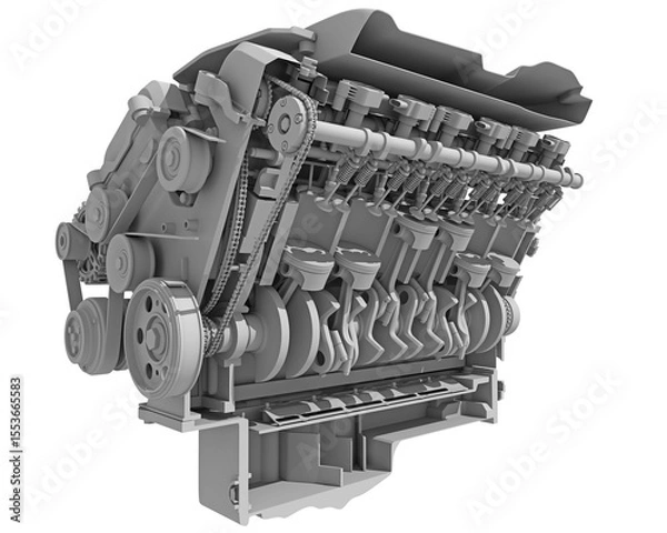 Fototapeta V12 Cutaway Car Engine Sectioned in Clay Style Render on White Background 3D Rendering