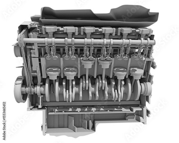 Fototapeta V12 Cutaway Car Engine Sectioned in Clay Style Render on White Background 3D Rendering
