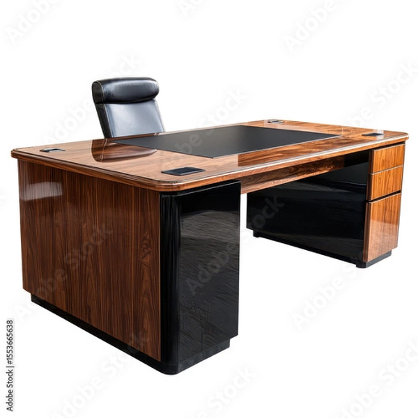 Fototapeta Executive L-shape desk with walnut finish and return unit on right side, luxurious business look on transparent background