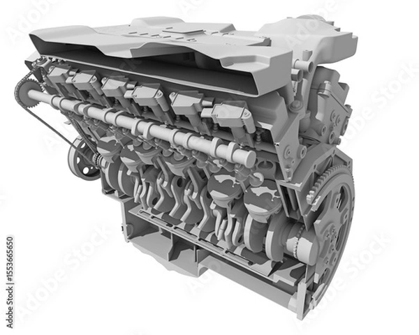 Fototapeta V12 Cutaway Car Engine Sectioned in Clay Style Render on White Background 3D Rendering