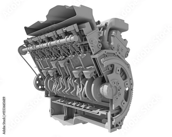 Fototapeta V12 Cutaway Car Engine Sectioned in Clay Style Render on White Background 3D Rendering