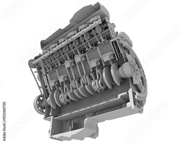 Fototapeta V12 Cutaway Car Engine Sectioned in Clay Style Render on White Background 3D Rendering
