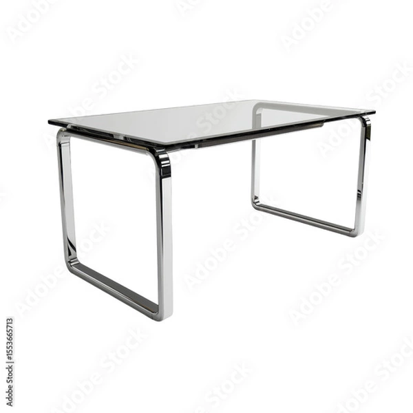 Fototapeta L-shaped glass-top desk with silver frame and no objects, sleek and modern design on transparent background
