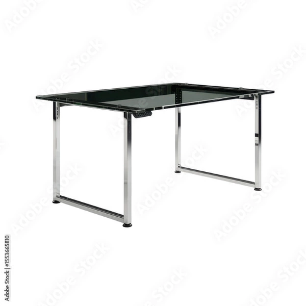 Fototapeta L-shaped glass-top desk with silver frame and no objects, sleek and modern design on transparent background