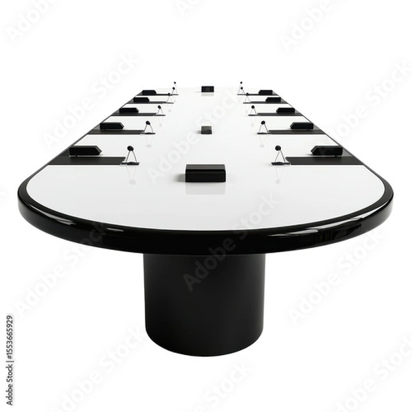 Fototapeta Large oval conference table for team presentations, clean surface with microphones and screens on transparent background