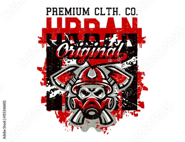 Fototapeta Vector illustration on the theme of rescuers, fire department, a skull in a fireman's helmet, axes. Grunge effect, text, inscription. Typography, T-shirt graphics, print, banner, poster, flyer
