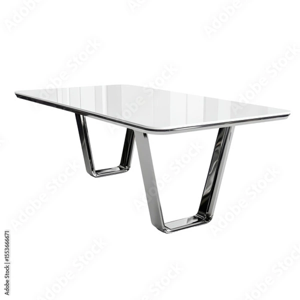 Fototapeta Modern V-shape table with clean white surface and silver metal frame, ideal for collaborative spaces on transparent background