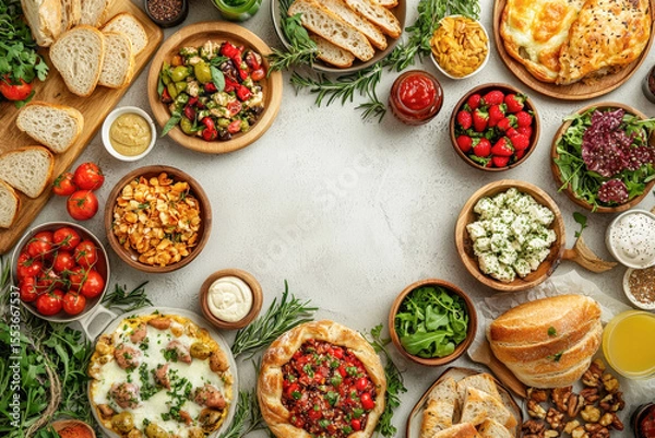 Fototapeta Assorted vegan dishes and fresh vegetables on rustic table – vegan food