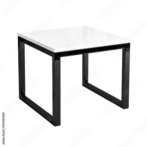 Fototapeta Single white square desk with minimal black metal frame and no objects on transparent background