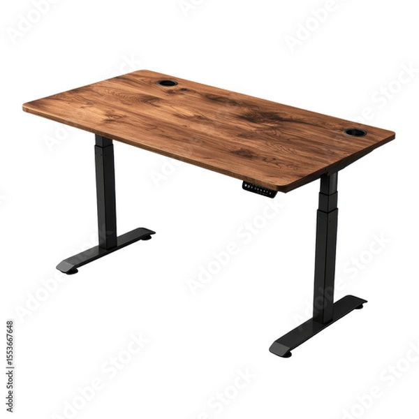 Fototapeta Single desk with built-in power outlet and cable management holes, tech-ready design on transparent background