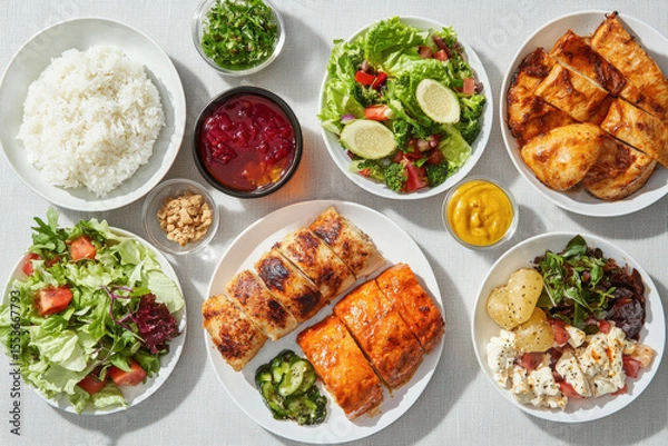 Fototapeta Assorted grilled plant-based dishes with fresh salads and rice
