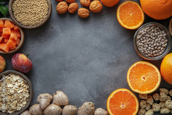 Fototapeta Assorted whole vegan foods and ingredients arranged in frame layout