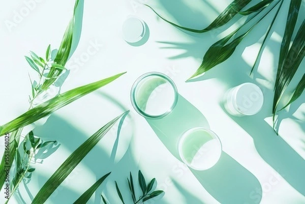 Fototapeta Glass skincare jars with tropical leaves and shadows on mint surface – daily seaweed facial mask