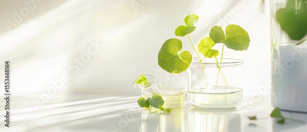 Fototapeta Glass container with fresh Centella Asiatica on white surface