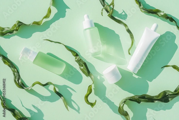 Fototapeta Seaweed and skincare bottles on mint background in natural light – daily seaweed facial mask