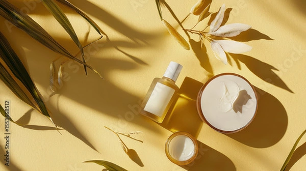 Fototapeta Cream jars and dropper bottle with leaves on yellow background – daily seaweed facial mask