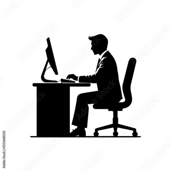 Fototapeta A black and white silhouette of a businessman seated at a desk, working on a computer.