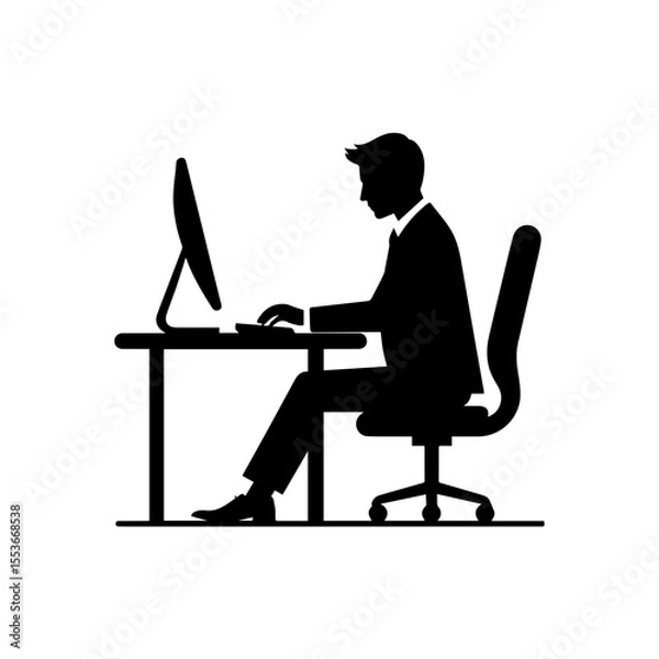Fototapeta A black and white silhouette of a businessman seated at a desk, working on a computer.