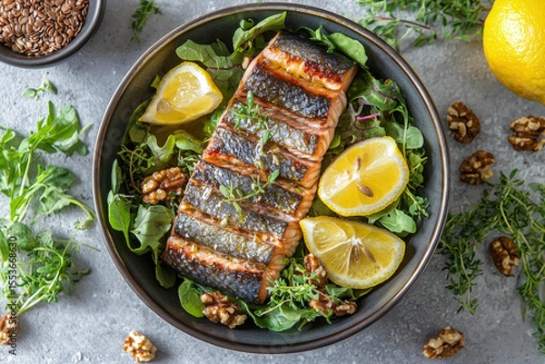 Fototapeta Grilled salmon salad with lemon, walnuts and microgreens
