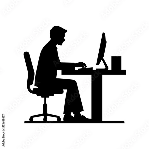 Fototapeta A black and white silhouette of a businessman seated at a desk, working on a computer.