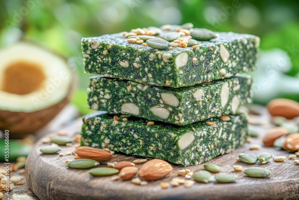 Fototapeta Stack of green spirulina energy bars with nuts and seeds