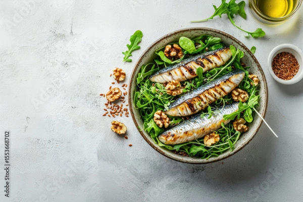Fototapeta Three grilled sardines on arugula with walnuts and flax seeds