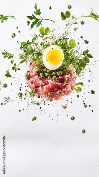 Fototapeta Gourmet Tartar with Egg and Capers in Floating Composition