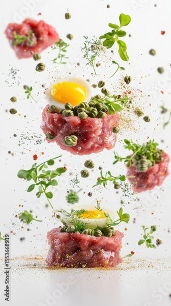 Fototapeta Multiple Beef Tartars with Egg and Herbs in Floating Display